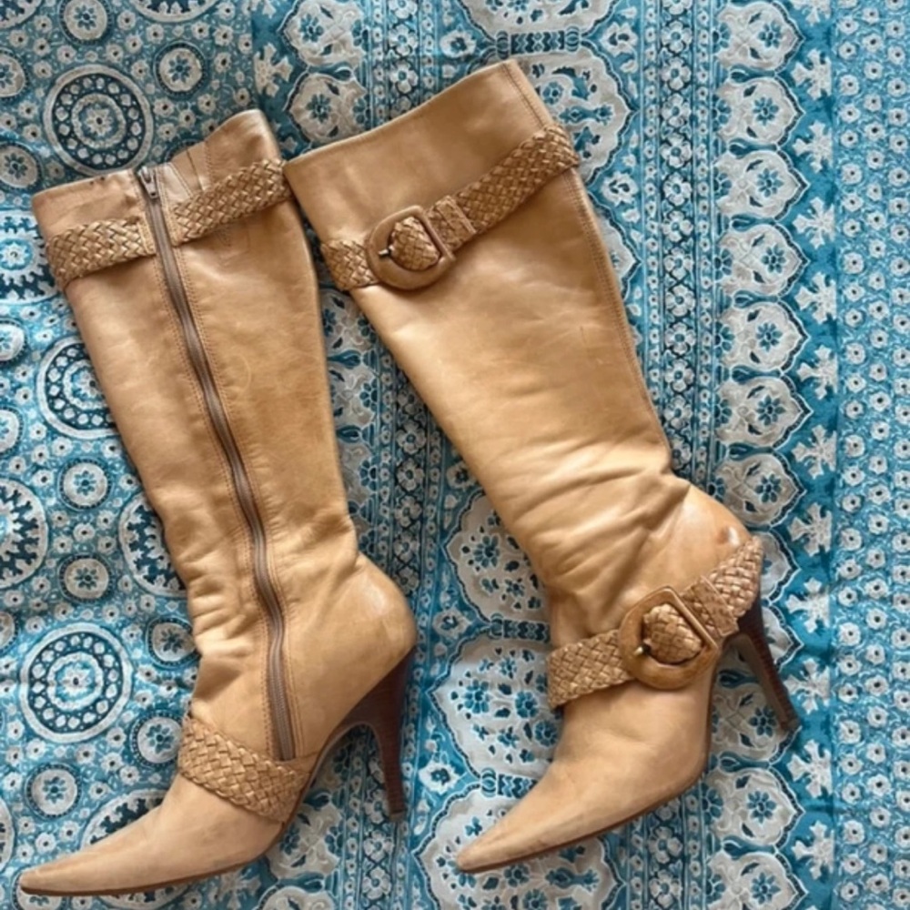 Boots Tan Heeled Boots with Braided Strap